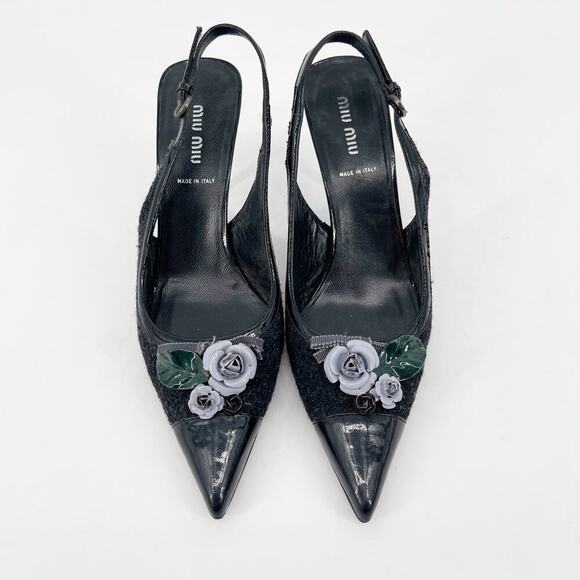 Miu Miu Vintage Charcoal Wool Black Cap Toe Floral Applique Slingback Heel IT 38 - Picture 5 of 13